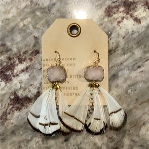 White druzy earring with feather and bead drop